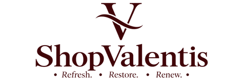 A dark red logo for ShopValentis with a stylized 'V' above the text 'ShopValentis' and smaller words 'Refresh. Restore.
