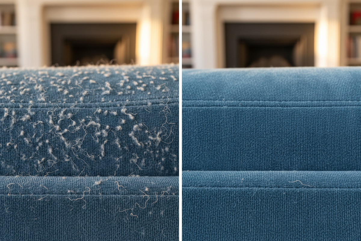 Before and after couch fabric result